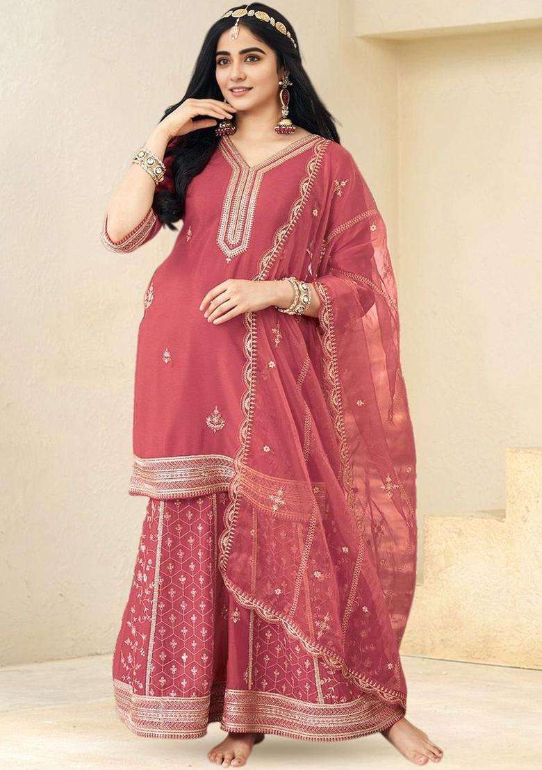 Pink Embroidered Silk Blend Anarkli Sets - Indya