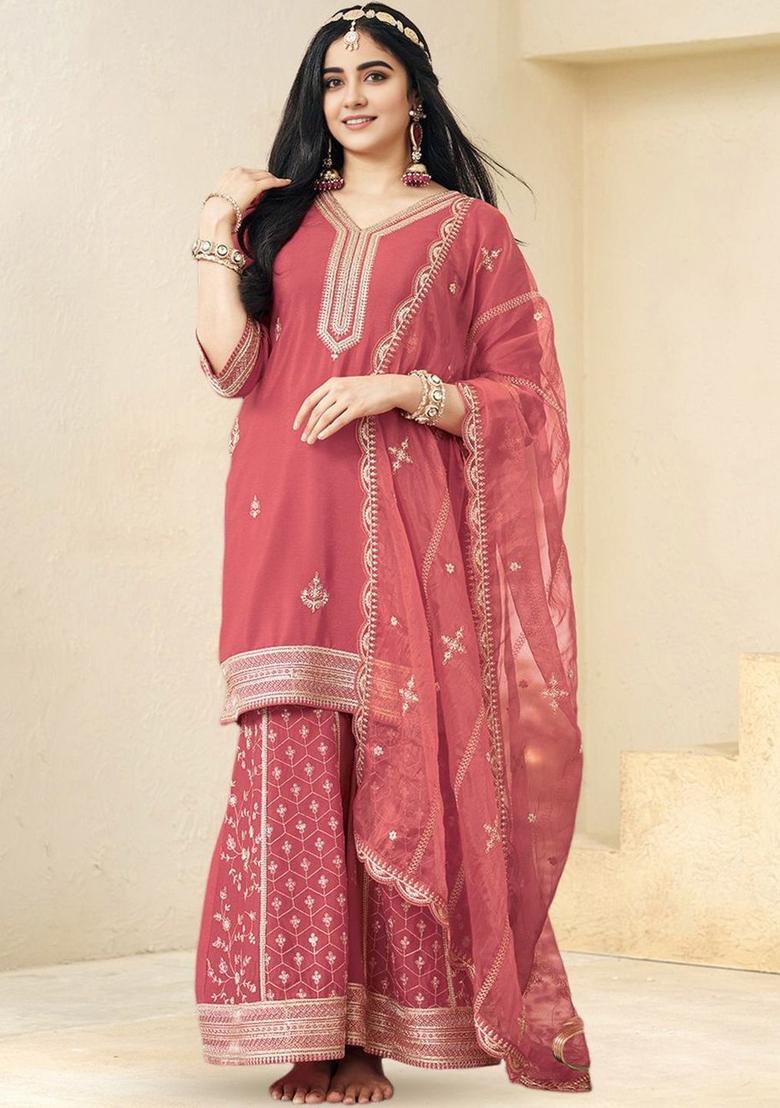 Pink Embroidered Silk Blend Anarkli Sets - Indya