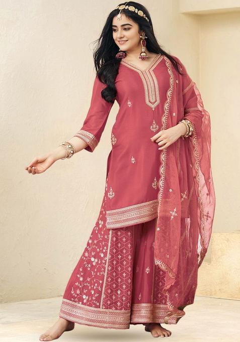 Pink Embroidered Silk Anarkli Sets
