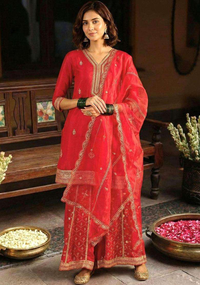 Red Solid Silk Blend Kurta Sets - Indya