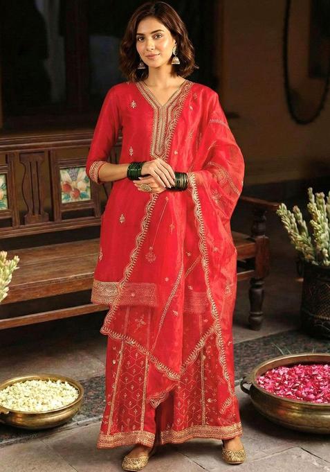 Red Solid Silk Blend Kurta Sets