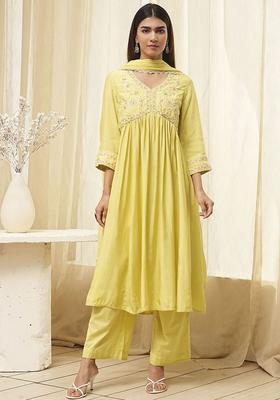 Yellow Embroidered Cotton Anarkli Sets