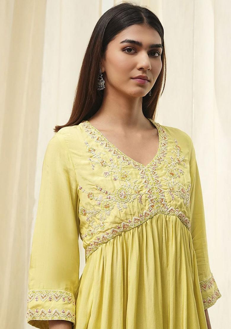 Yellow Embroidered Cotton Anarkli Sets - Indya