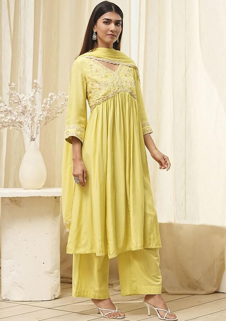 Yellow Embroidered Cotton Anarkli Sets - Indya