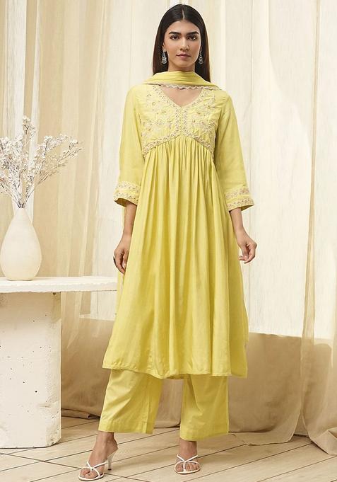 Yellow Embroidered Cotton Anarkli Sets