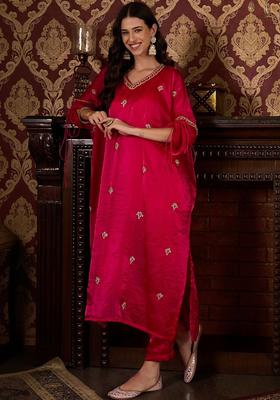 Pink Embroidered Satin Kurta Sets
