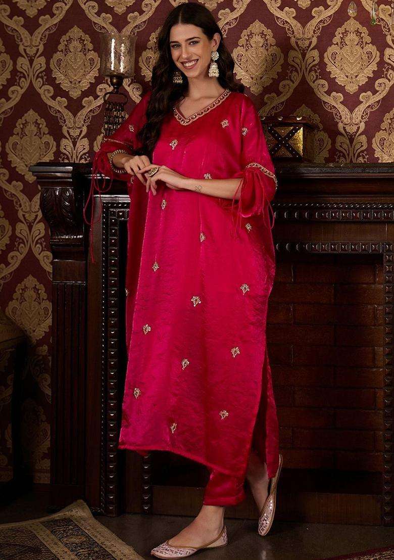 Pink Embroidered Satin Kurta Sets - Indya