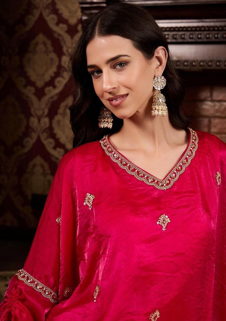 Pink Embroidered Satin Kurta Sets - Indya