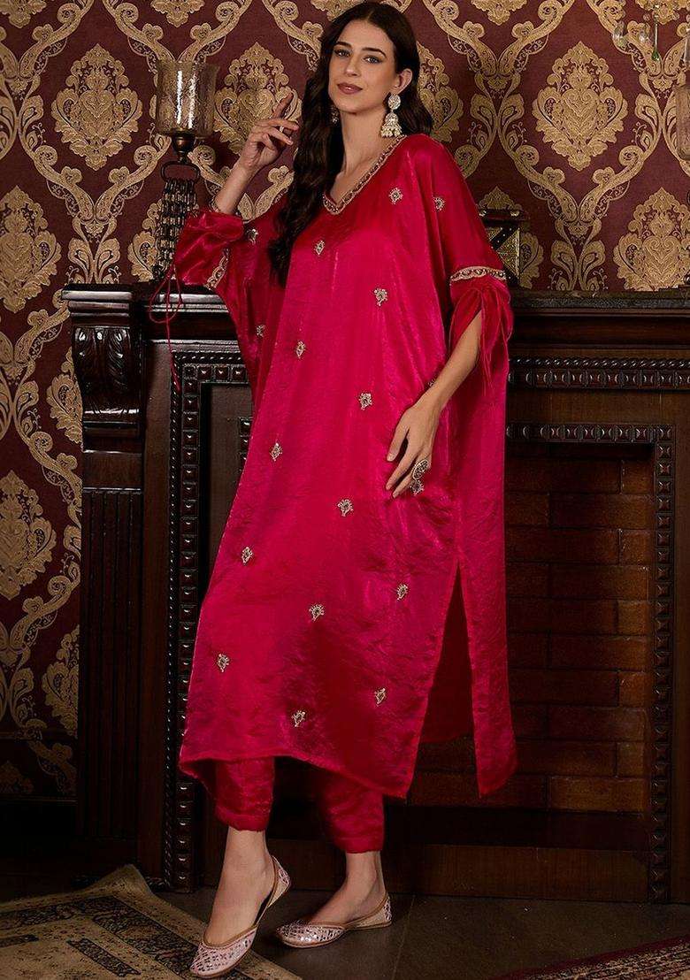 Pink Embroidered Satin Kurta Sets - Indya
