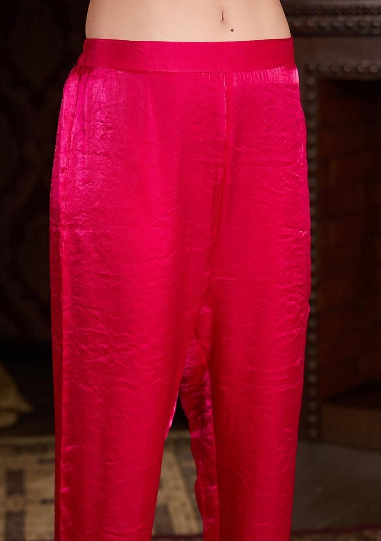 Pink Embroidered Satin Kurta Sets - Indya