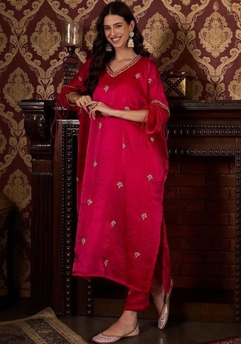 Pink Embroidered Satin Kurta Sets