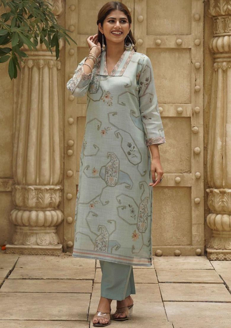 Sea Green Printed Cotton Kurta Sets - Indya