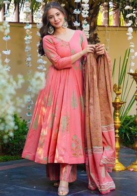 Peach Printed Cotton Anarkli Sets