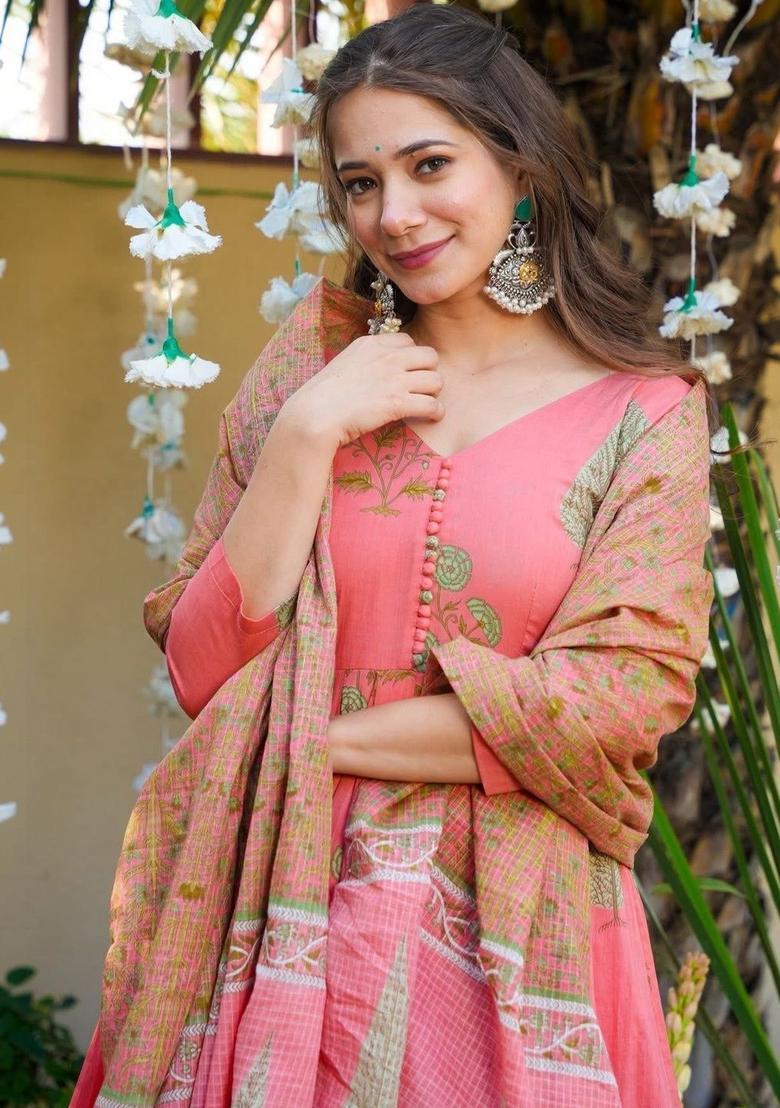 Peach Printed Cotton Anarkli Sets - Indya