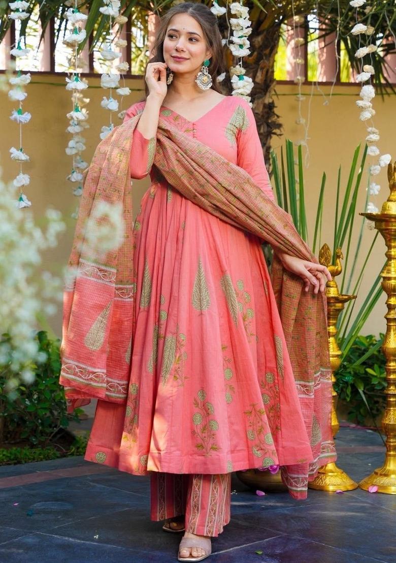 Peach Printed Cotton Anarkli Sets - Indya