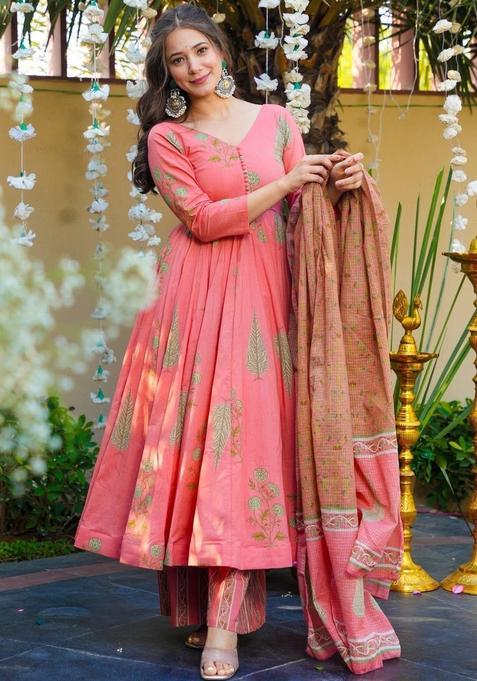 Peach Printed Cotton Anarkli Sets