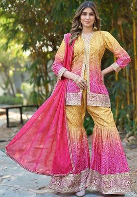 Pink Embroidered Chinon Kurta Sets