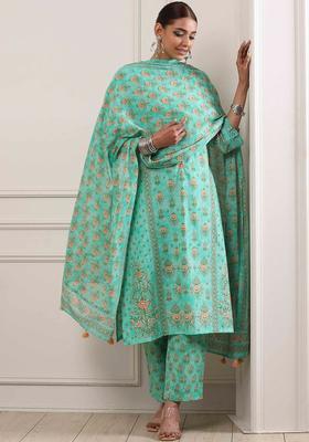 Turquoise Blue Printed Cotton Kurta Sets