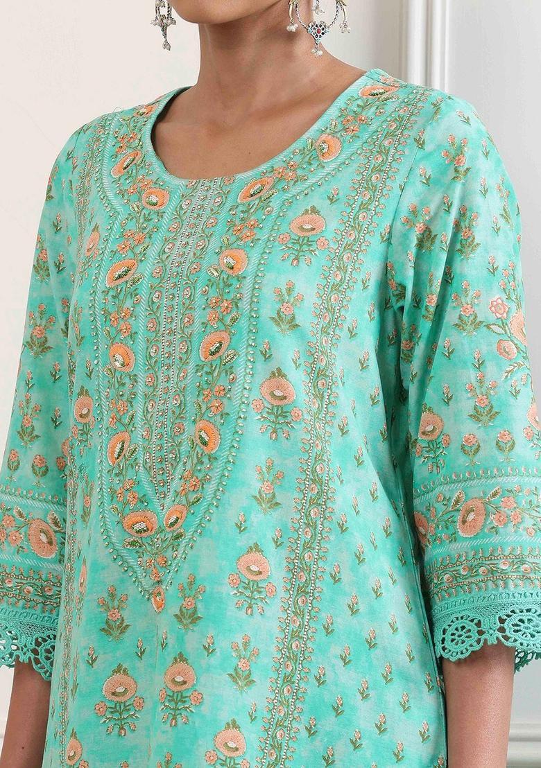 Turquoise Blue Printed Cotton Kurta Sets - Indya