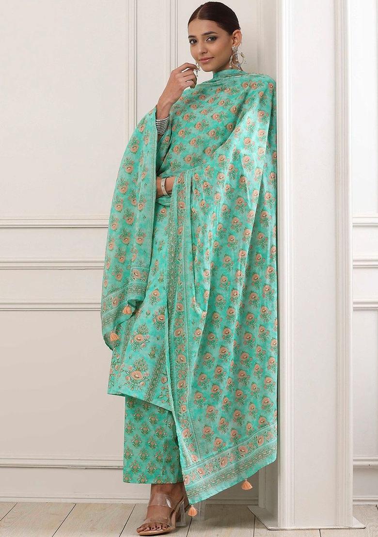 Turquoise Blue Printed Cotton Kurta Sets - Indya