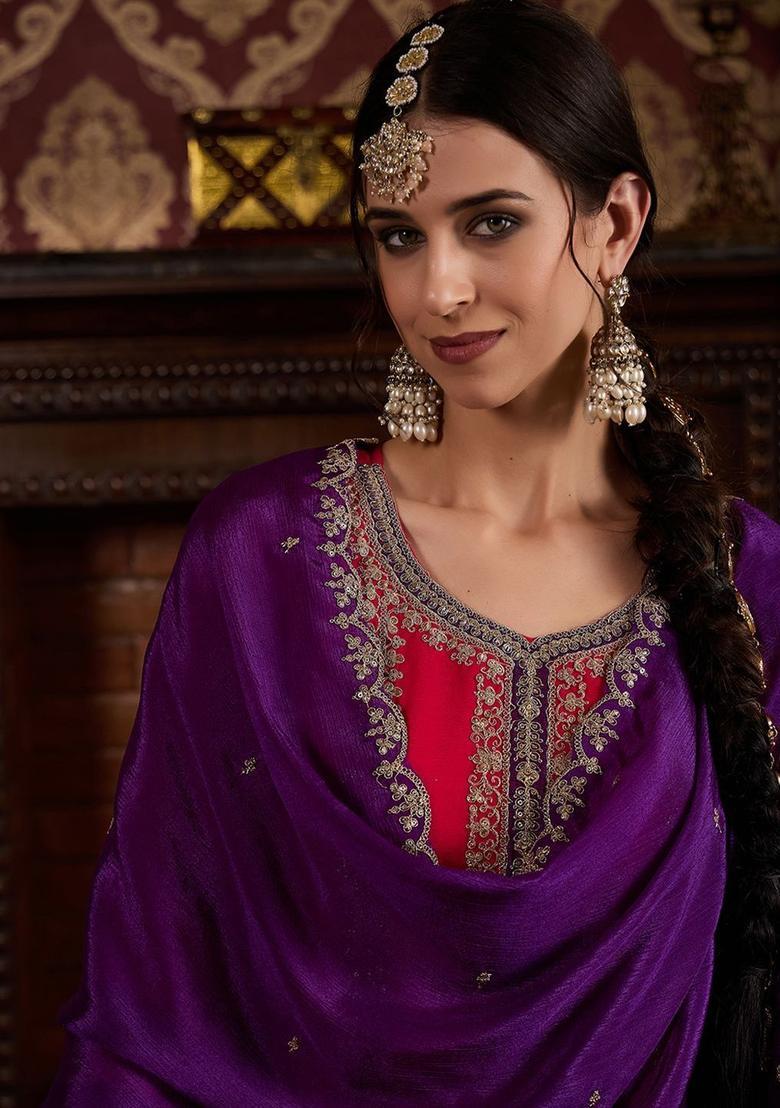 Pink Embroidered Chinon Kurta Sets - Indya