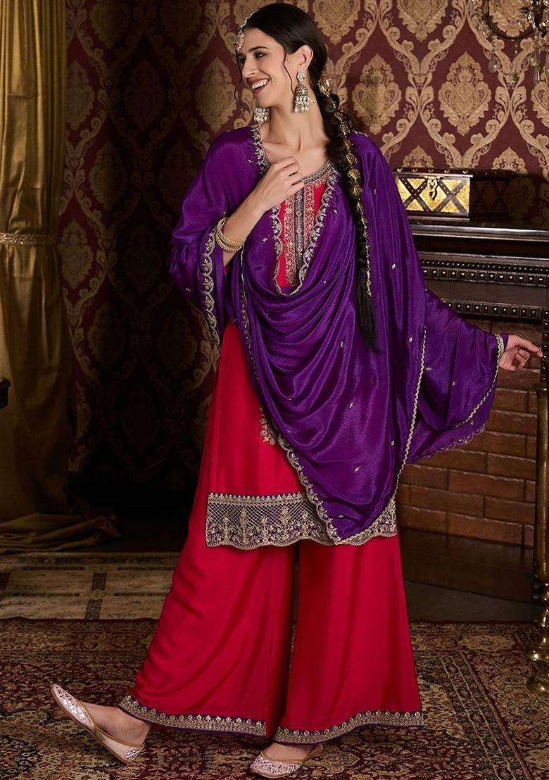 Pink Embroidered Chinon Kurta Sets - Indya