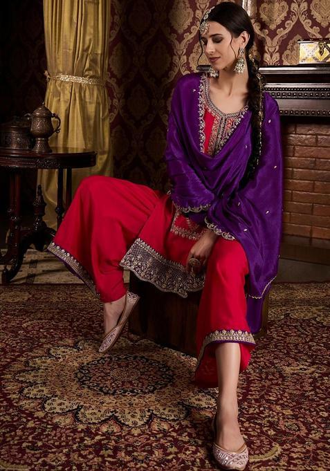 Pink Embroidered Chinon Kurta Sets