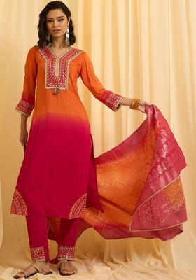Orange Embroidered Silk Blend Kurta Sets