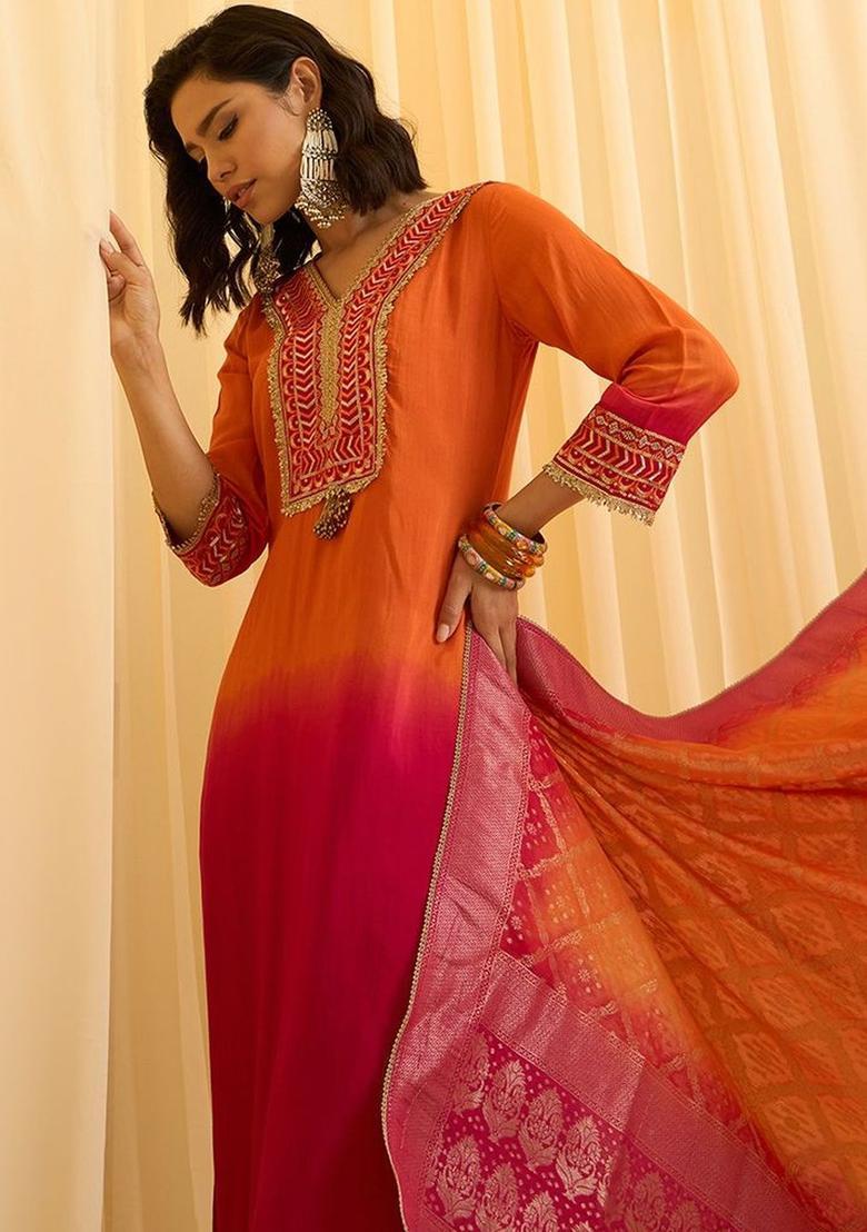 Orange Embroidered Silk Blend Kurta Sets - Indya