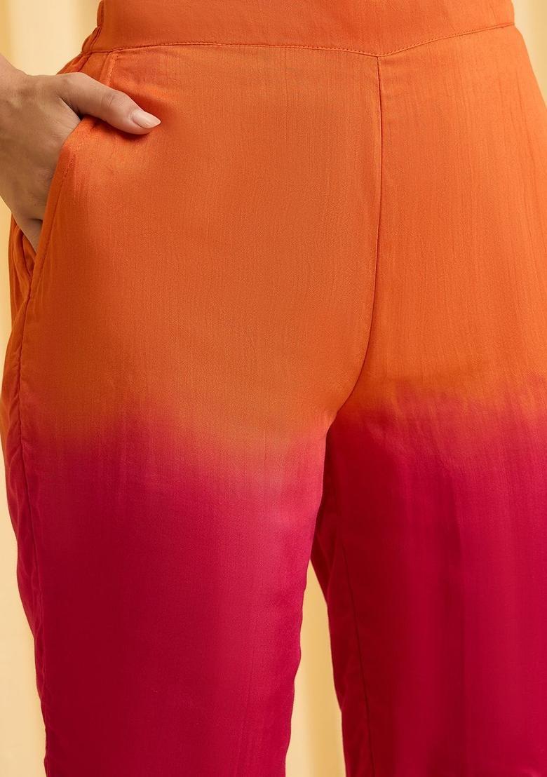 Orange Embroidered Silk Blend Kurta Sets - Indya