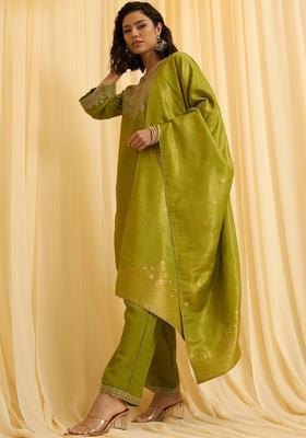 Olive Embroidered Silk Blend Kurta Sets