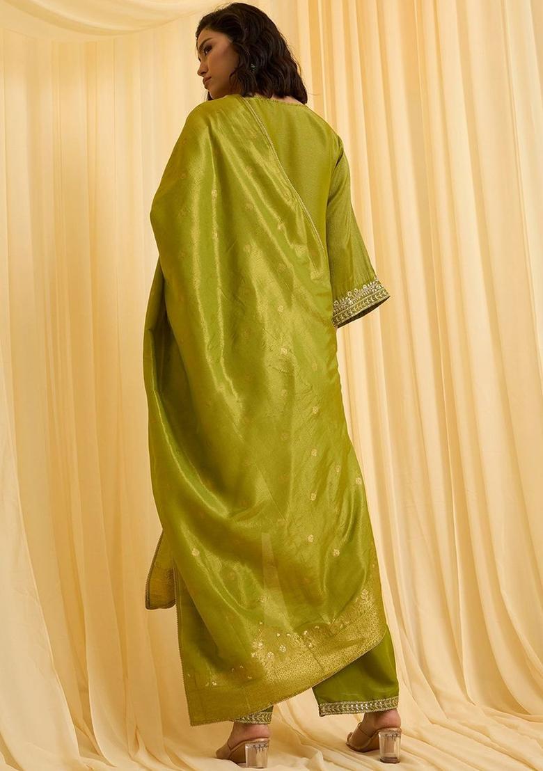 Olive Embroidered Silk Blend Kurta Sets - Indya