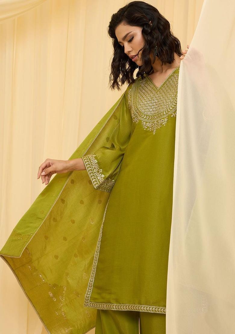 Olive Embroidered Silk Blend Kurta Sets - Indya