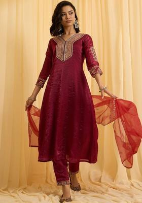Burgundy Embroidered Silk Blend Kurta Sets