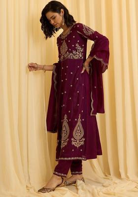 Burgundy Embroidered Silk Blend Kurta Sets