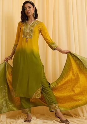 Yellow Embroidered Silk Blend Kurta Sets
