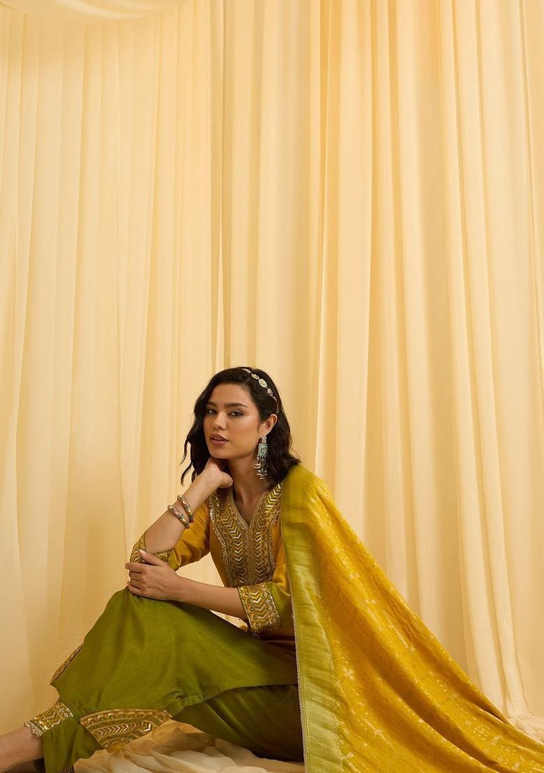Yellow Embroidered Silk Blend Kurta Sets - Indya