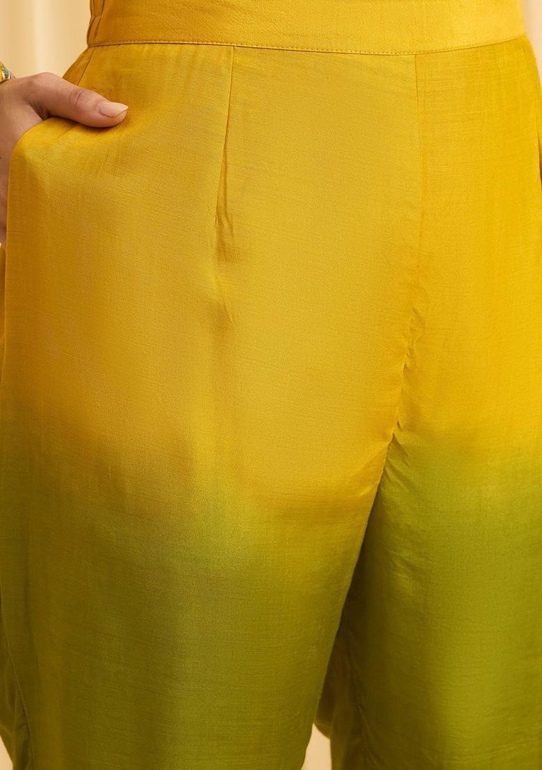 Yellow Embroidered Silk Blend Kurta Sets - Indya