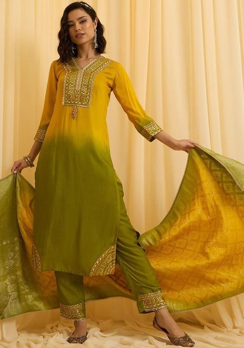 Yellow Embroidered Silk Blend Kurta Sets