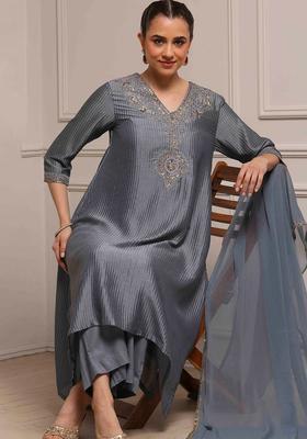Grey Embroidered Polyester Kurta Sets