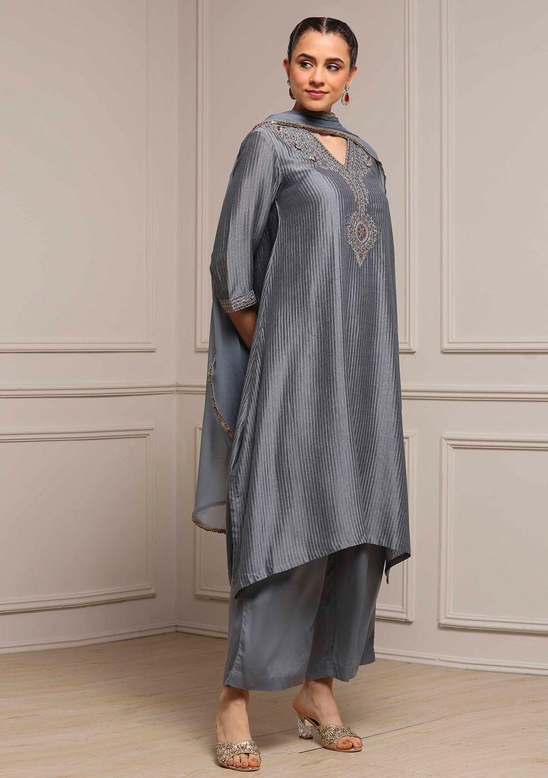 Grey Embroidered Polyester Kurta Sets - Indya