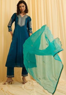 Teal Embroidered Silk Blend Kurta Sets
