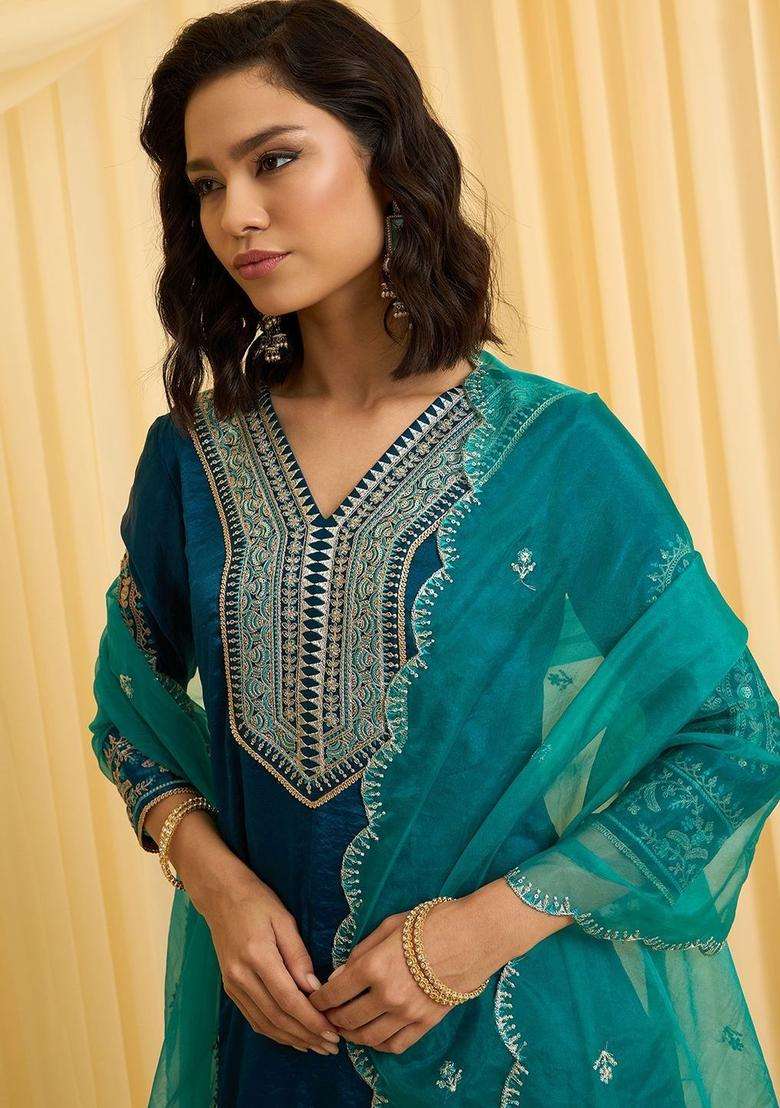Teal Embroidered Silk Blend Kurta Sets - Indya