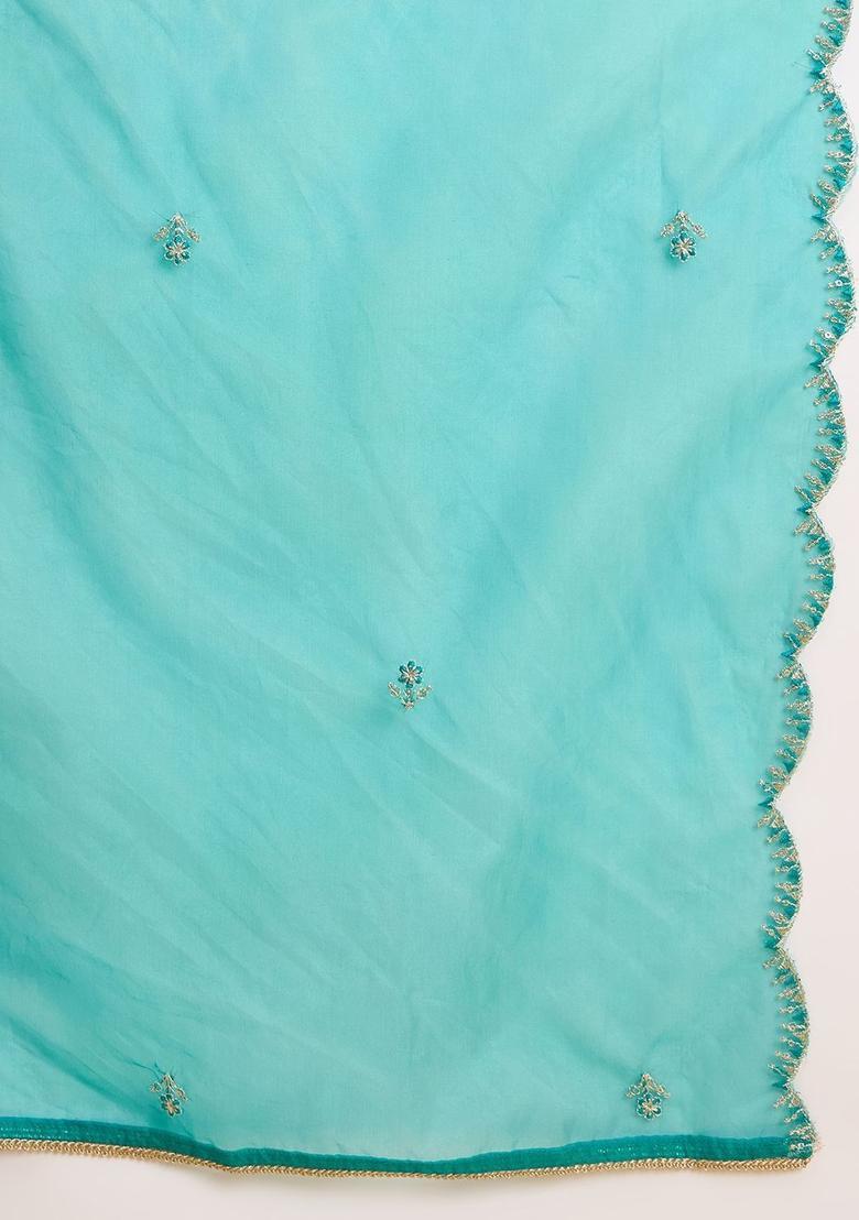 Teal Embroidered Silk Blend Kurta Sets - Indya