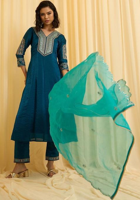 Teal Embroidered Silk Blend Kurta Sets