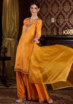 Yellow Embroidered Silk Blend Kurta Sets