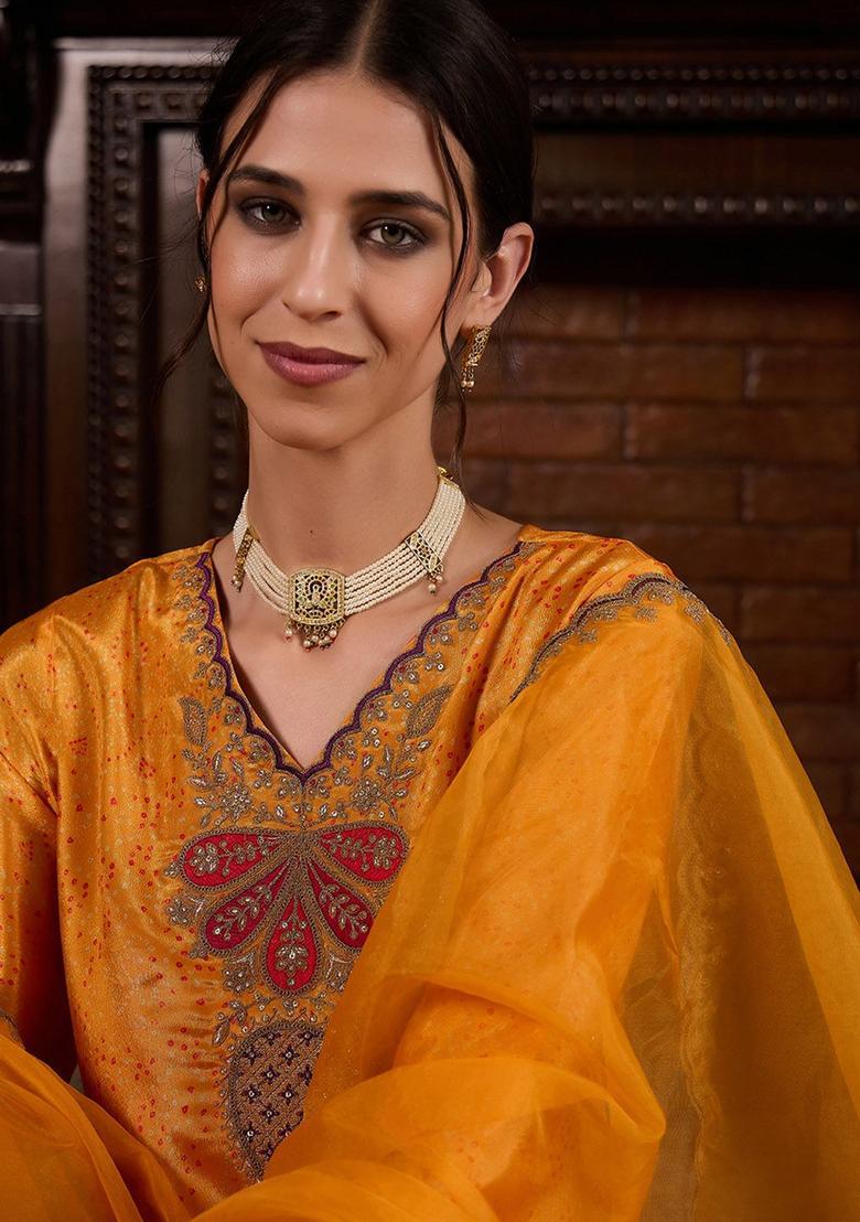 Yellow Embroidered Silk Blend Kurta Sets - Indya