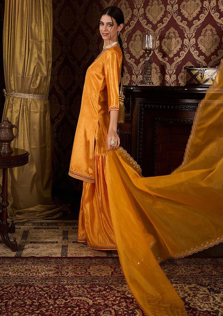 Yellow Embroidered Silk Blend Kurta Sets - Indya