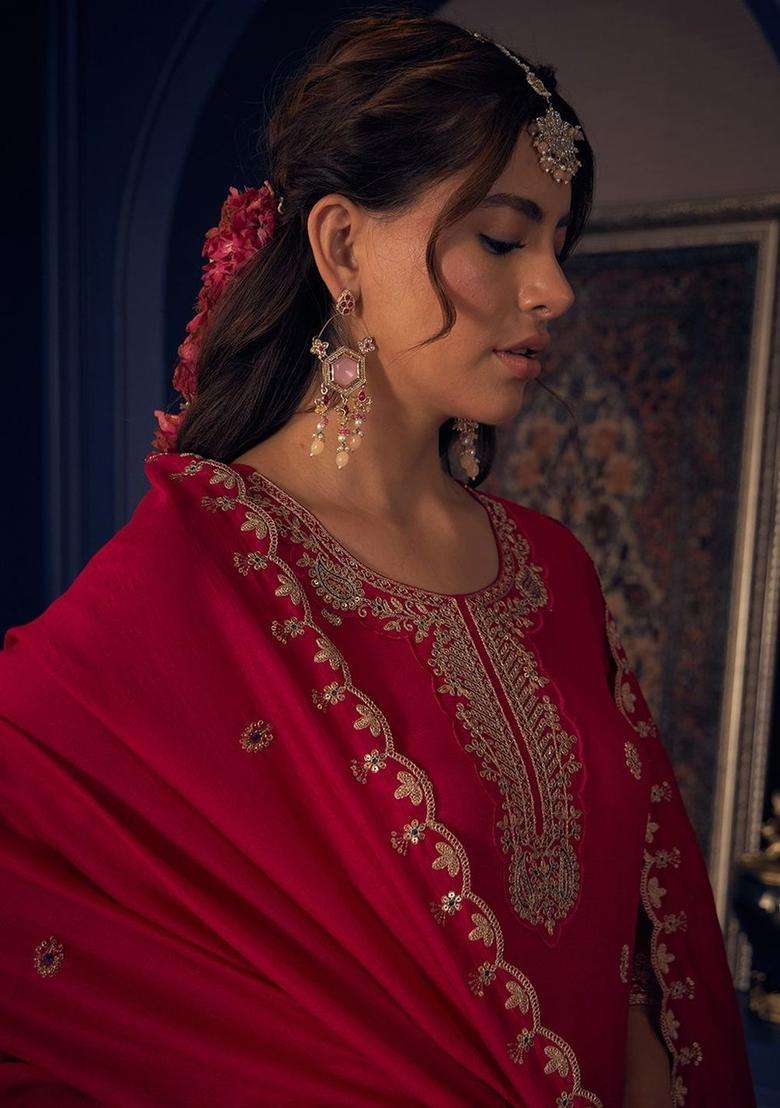 Pink Embroidered Silk Blend Kurta Sets - Indya