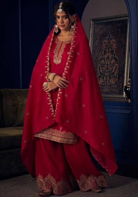 Pink Embroidered Silk Blend Kurta Sets